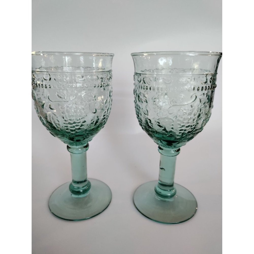 Set of 2 Glass Stemmed Goblets, Wine or Water Glasses Etched Glass in Sea Green